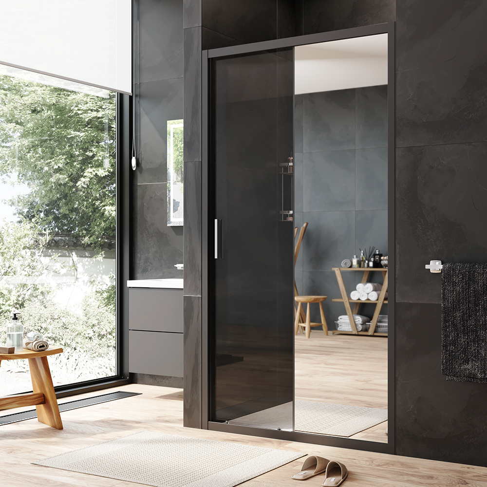 W90G-110-1-195BMir Solo Дверь душевая 110х195 стекло зеркальное профиль черный матовый AM.PM Gem