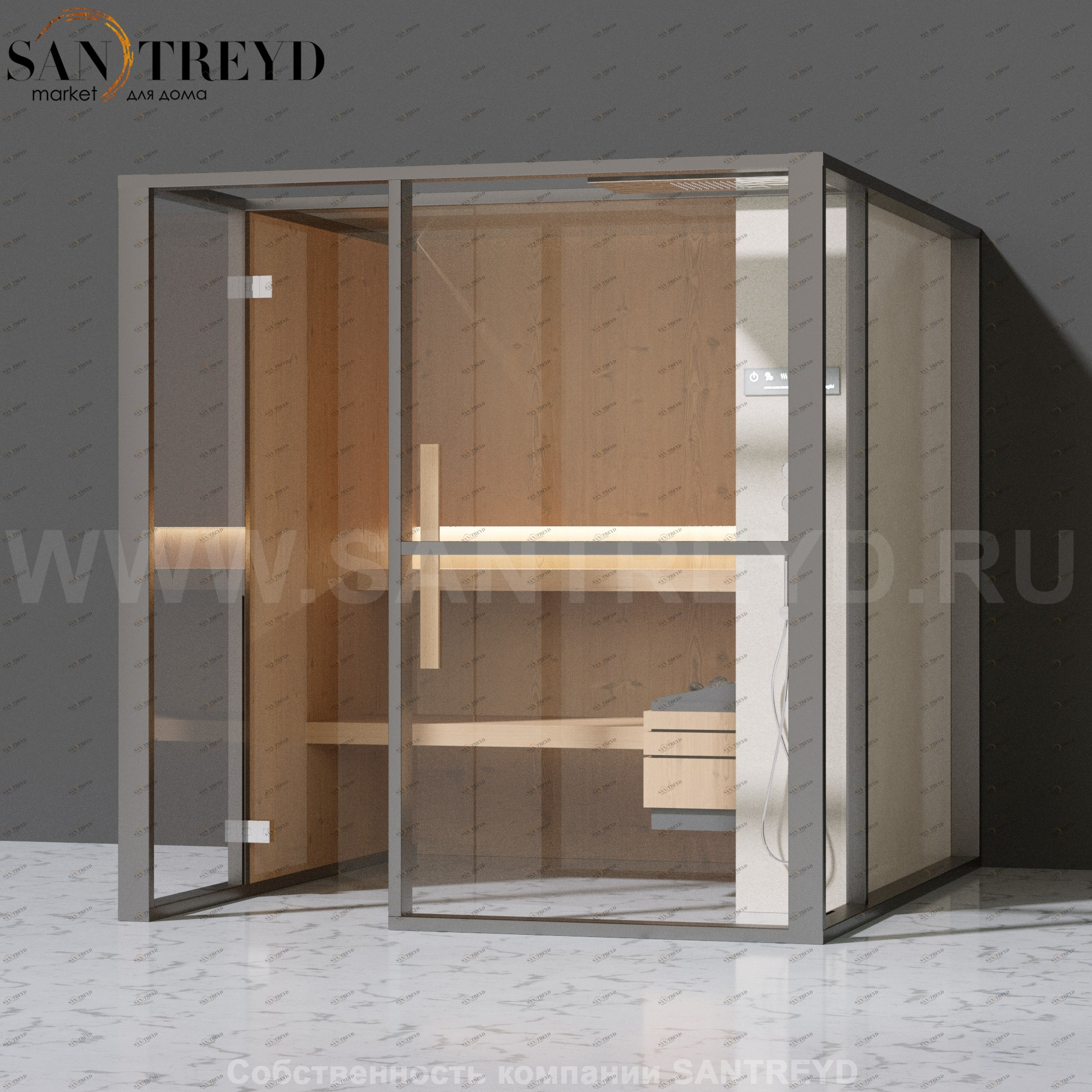 Effegibi LOGICAFILO S LO21010001 Сауна. Установка: к стене. Правая дверь. Мощность: 6 кВт макс. Размеры: длина 214 см, ширина 250 см. Отделка: канадский хемлок, матовый лакированный серый аллюминий и бежевый ламинат из керамогранита.