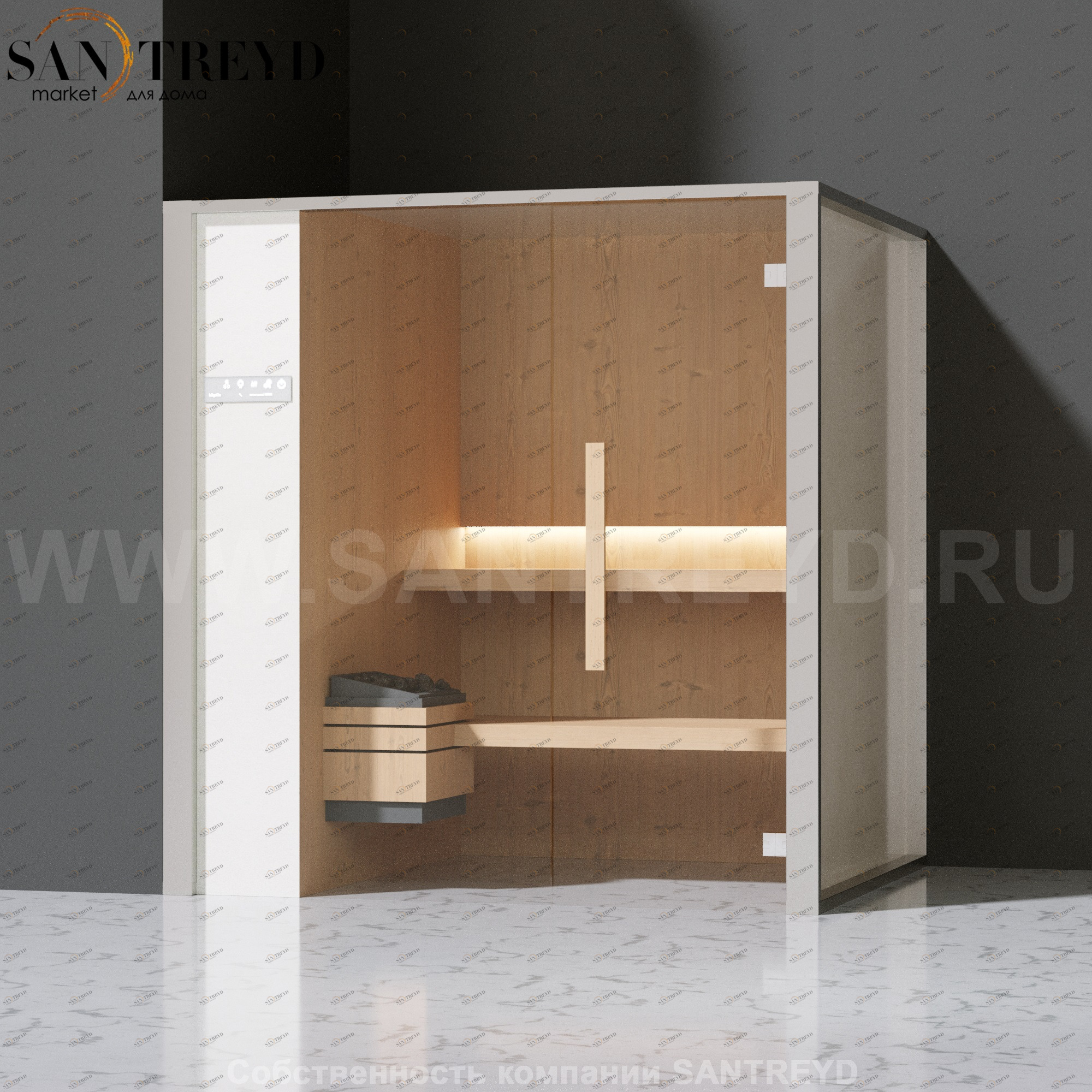 Effegibi ONEFILO S LO51020006 Сауна. Установка: в левый угол. Левая дверь. Мощность: 4,5 кВт макс. Размеры: длина 214 см, ширина 171 см. Отделка: матовый лакированный белый аллюминий и серый ламинат из керамогранита.