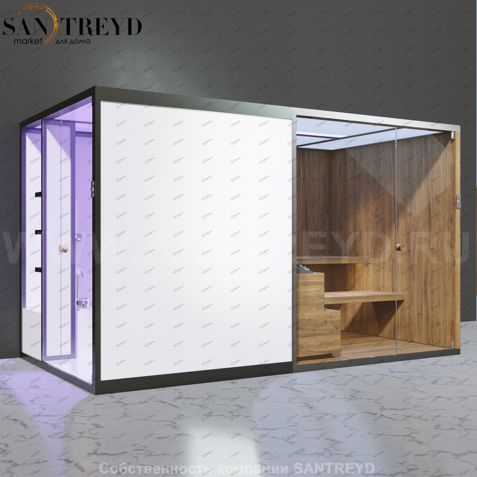 Effegibi BODYLOVE SH BL45250003 Боковая комбинированная баня: хаммам и сауна. Установка: к стене. Мощность: 15 кВт макс. Размеры: длина 393 см, ширина 176 см. Отделка: термообработанная древесина без отделки.