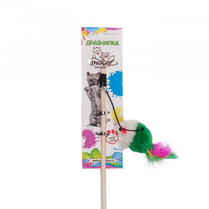 ПР0045452 Игрушка для кошек Дразнилка-удочка Мышка мех с перьями, дерево 5х2.5х50см ГРЫЗЛИК АМ