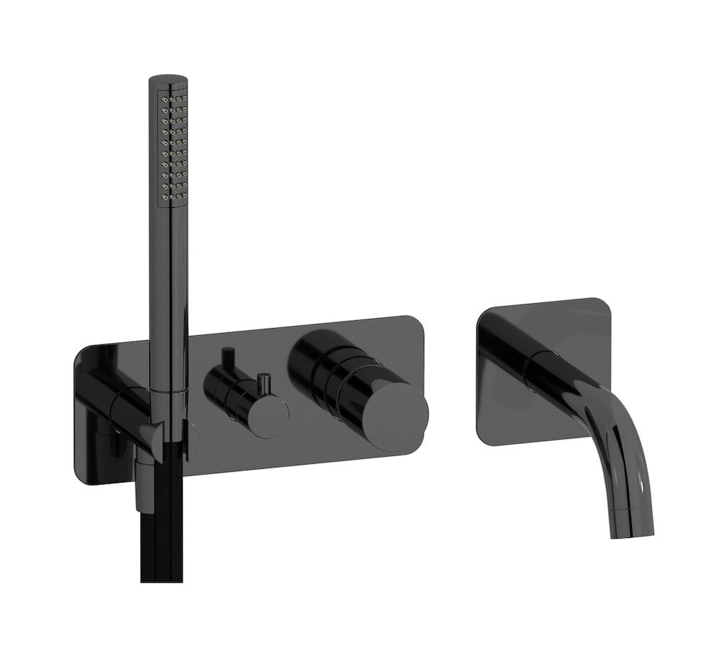 Настенный смеситель для ванной на с дивертером и душевым гарнитуром. WE ARE IB rr398cf Black Chrome Brera