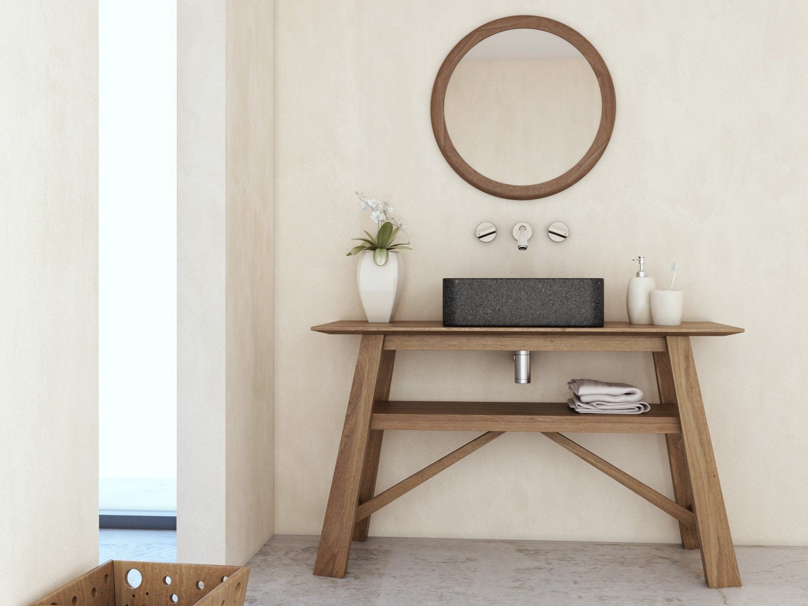 Настенное круглое зеркало из тикового дерева для ванной комнаты KARPENTER Carpenter ARCH-00020068 - Вид №3