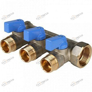 Коллектор с шаровыми кранами 1" STOUT 3 выхода 1/2", синие ручки SMB6201011203