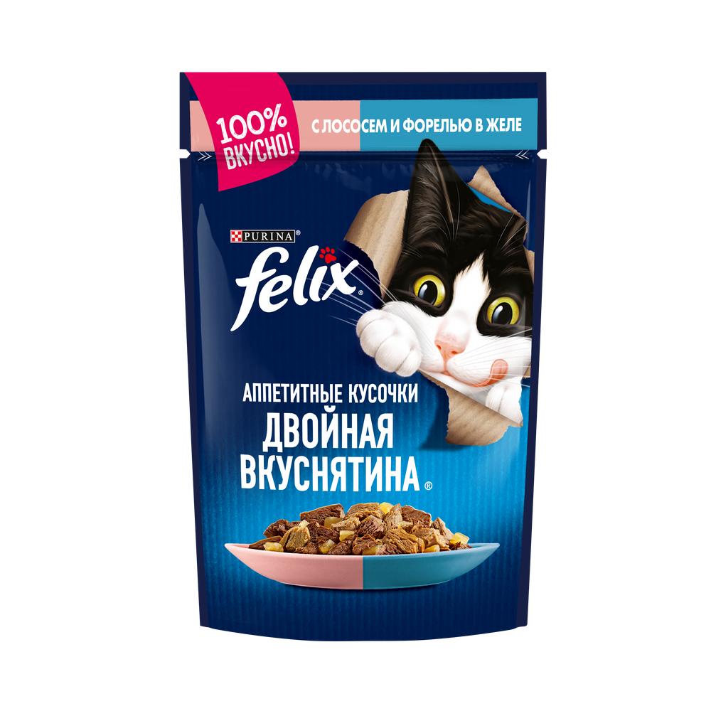 ПР0036734 Корм для кошек Аппетитные кусочки. Двойная вкуснятина с лососем и форелью в желе, пауч 85 г FELIX 
