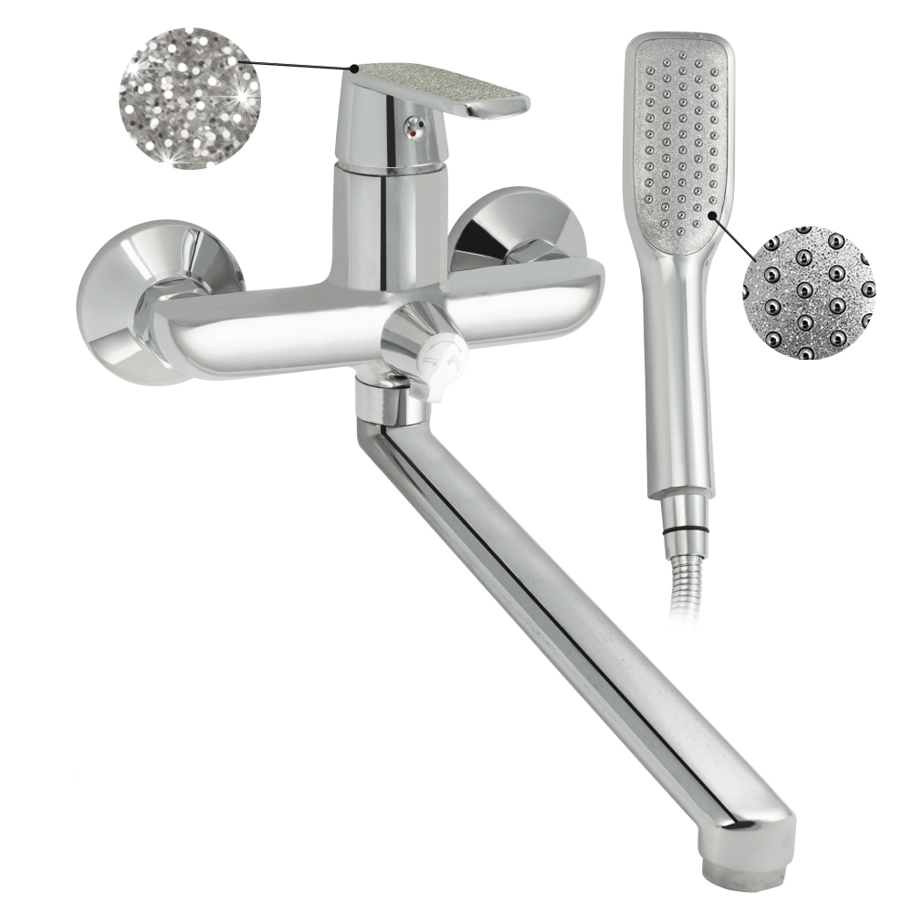 GFmark - Смеситель в ванную, длинный излив с дивертором на корпусе, шаровый, с АЛМАЗНОЙ КРОШКОЙ на ручке, код: 4870 