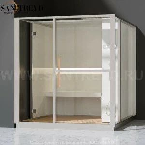 Effegibi LOGICA H LO30020005 Хаммам. Установка: в левый угол. Правая дверь. Мощность: 4,5 кВт макс. Размеры: длина 214 см, ширина 250 см. Отделка: матовый лакированный белый аллюминий и серый ламинат из керамогранита.