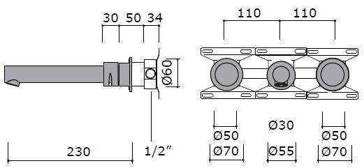 MINA Смеситель для умывальника настенный из нержавеющей стали на 3 отверстия Giotto 7289 - Вид №1