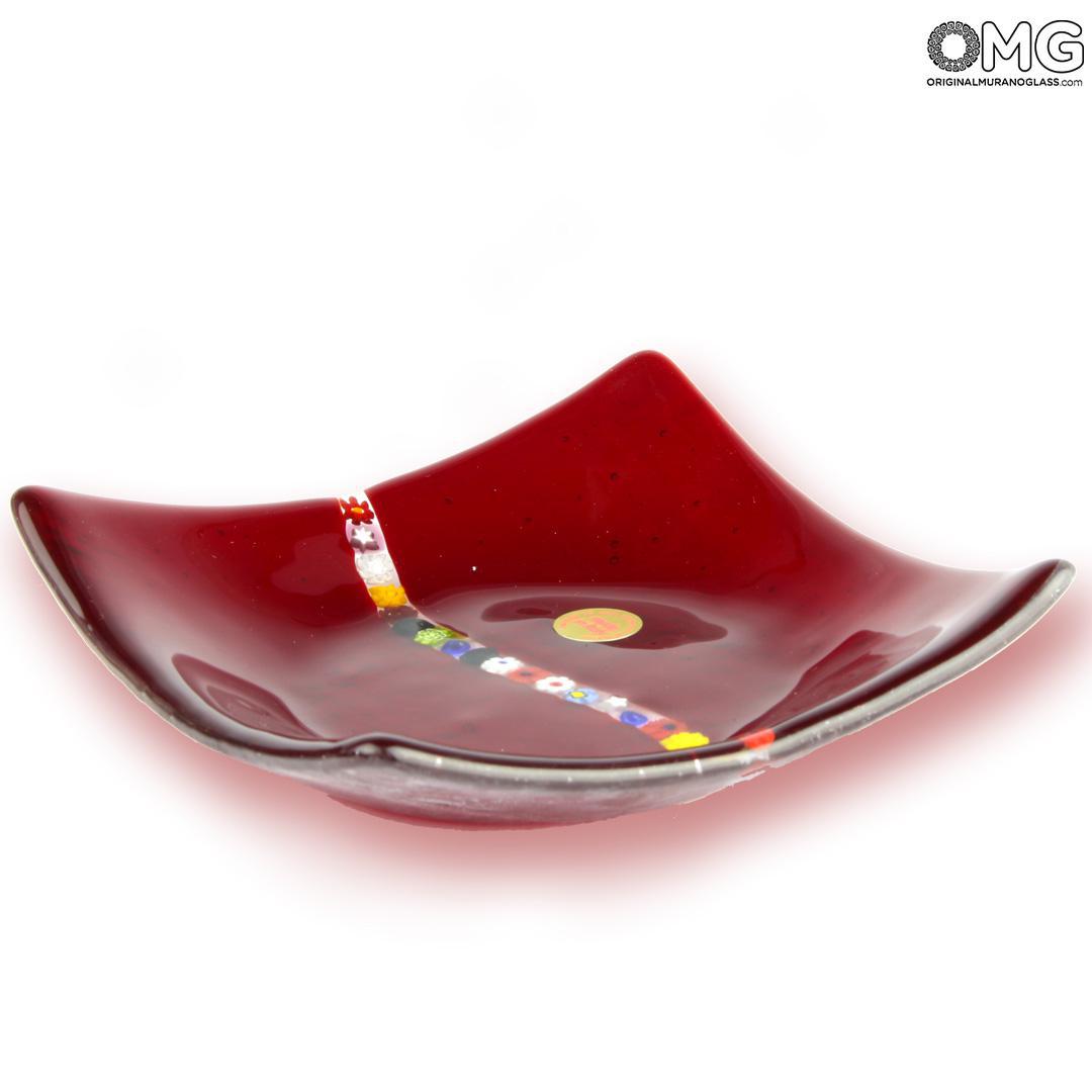 1634 ORIGINALMURANOGLASS Квадратное красное блюдце Муррина - муранское стекло 9 см  - Вид №1