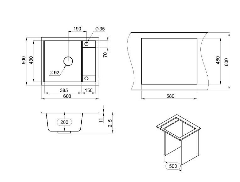 6002, ГРАФИТ (ЧЁРНО-СЕРЫЙ), кухонная мойка, кварц GRANULA 6002-ST131 - Вид №3