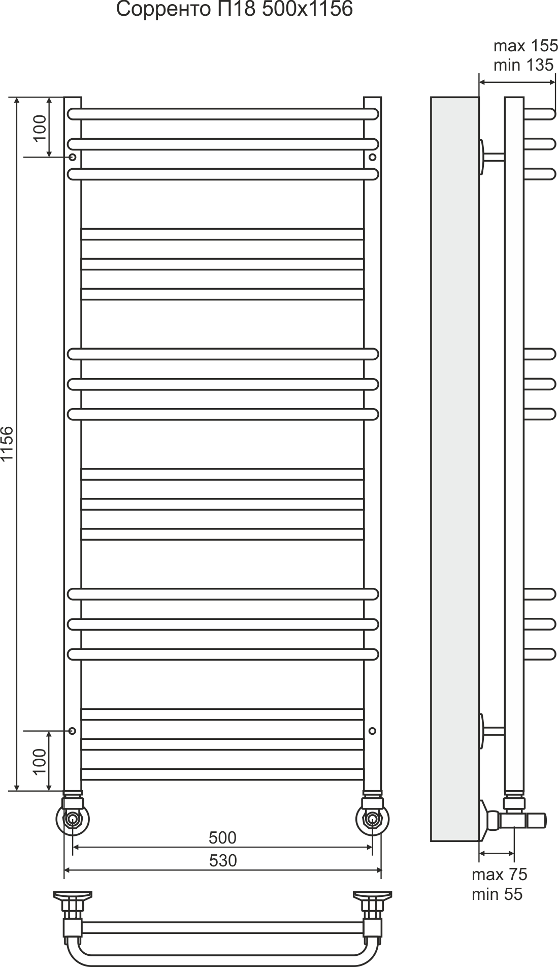 4620768882333 ЛЮКС Соренто П18 500х1156 (3+3+3+3+3+3) Полотенцесушитель TERMINUS RAL 9005 матовый - Вид №2