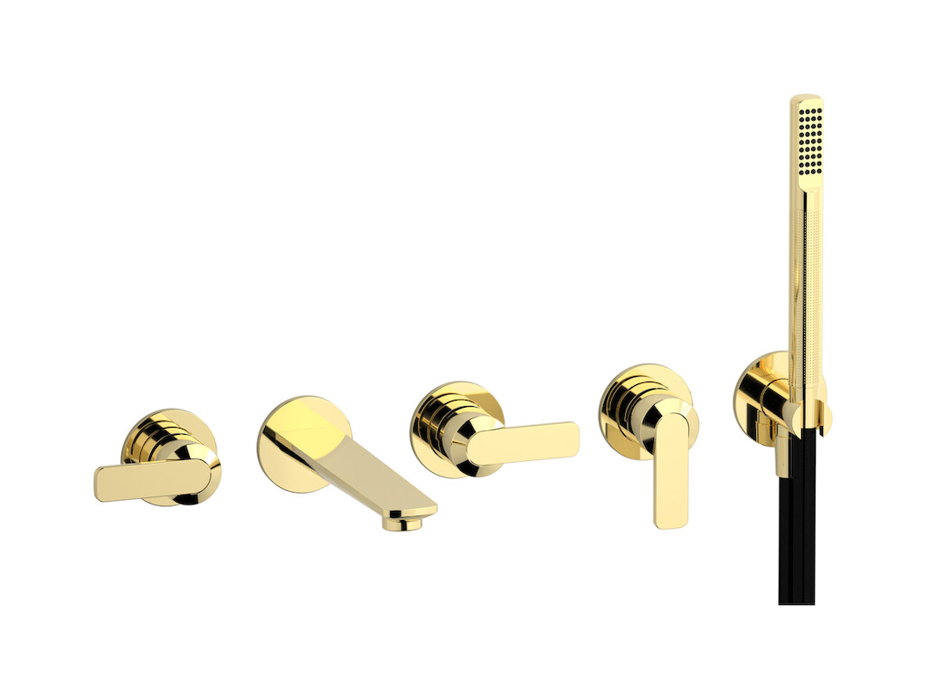 Настенный смеситель для ванной на 5 отверстий с дивертером и душевым гарнитуром. WE ARE IB c6398ii Pale Gold C-67