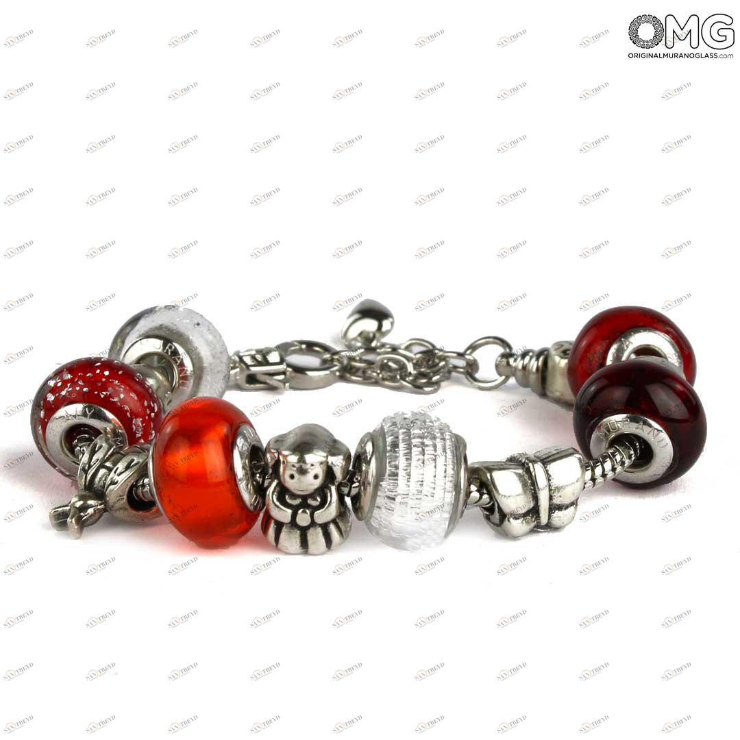 1828 ORIGINALMURANOGLASS Браслет в стиле Pandora с красными бусинами - муранское стекло OMG 23 см 
