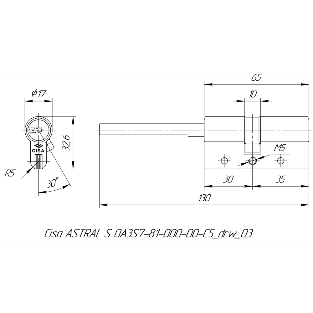 Цилиндр Cisa Astral S ОА3S7-81.00, 30x10x25 мм, ключ/шток, цвет латунь, без вертушки STLM-2020159 - Вид №4