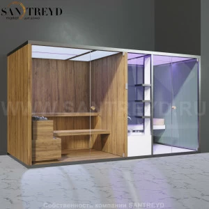 Effegibi BODYLOVE SH BL40240002 Фронтальная комбинированная баня: хаммам и сауна. Установка: в правый угол. Мощность: 15 кВт макс. Размеры: длина 393 см, ширина 176 см. Отделка: термообработанная древесина, трубчатое стекло и гладкая термообработанная дре