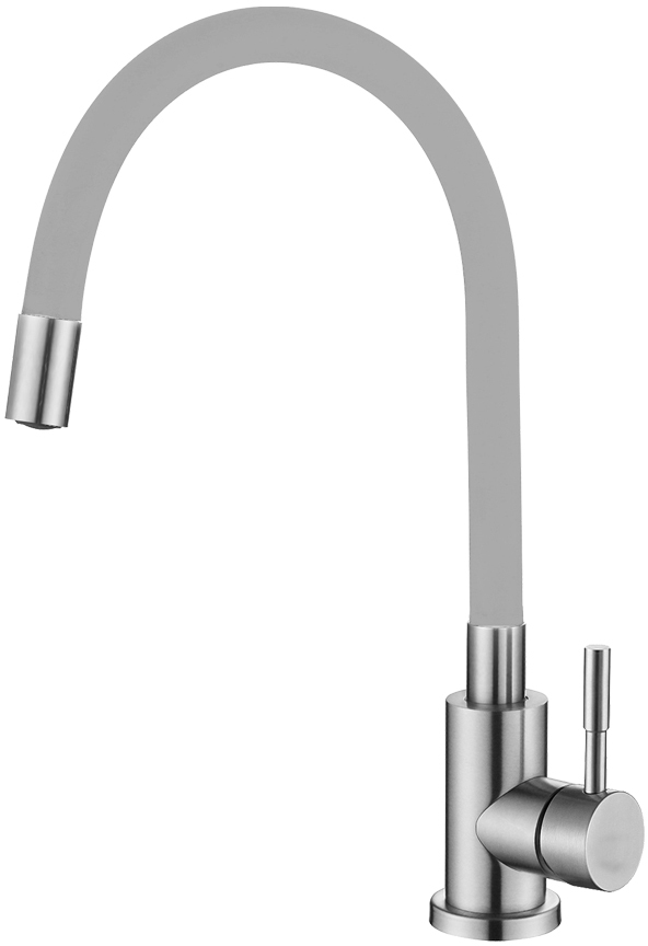 Смеситель д/кухни MELANA ELASTICO-610401GR нерж.сталь, однорычажный, гибкий излив, сатин+серый