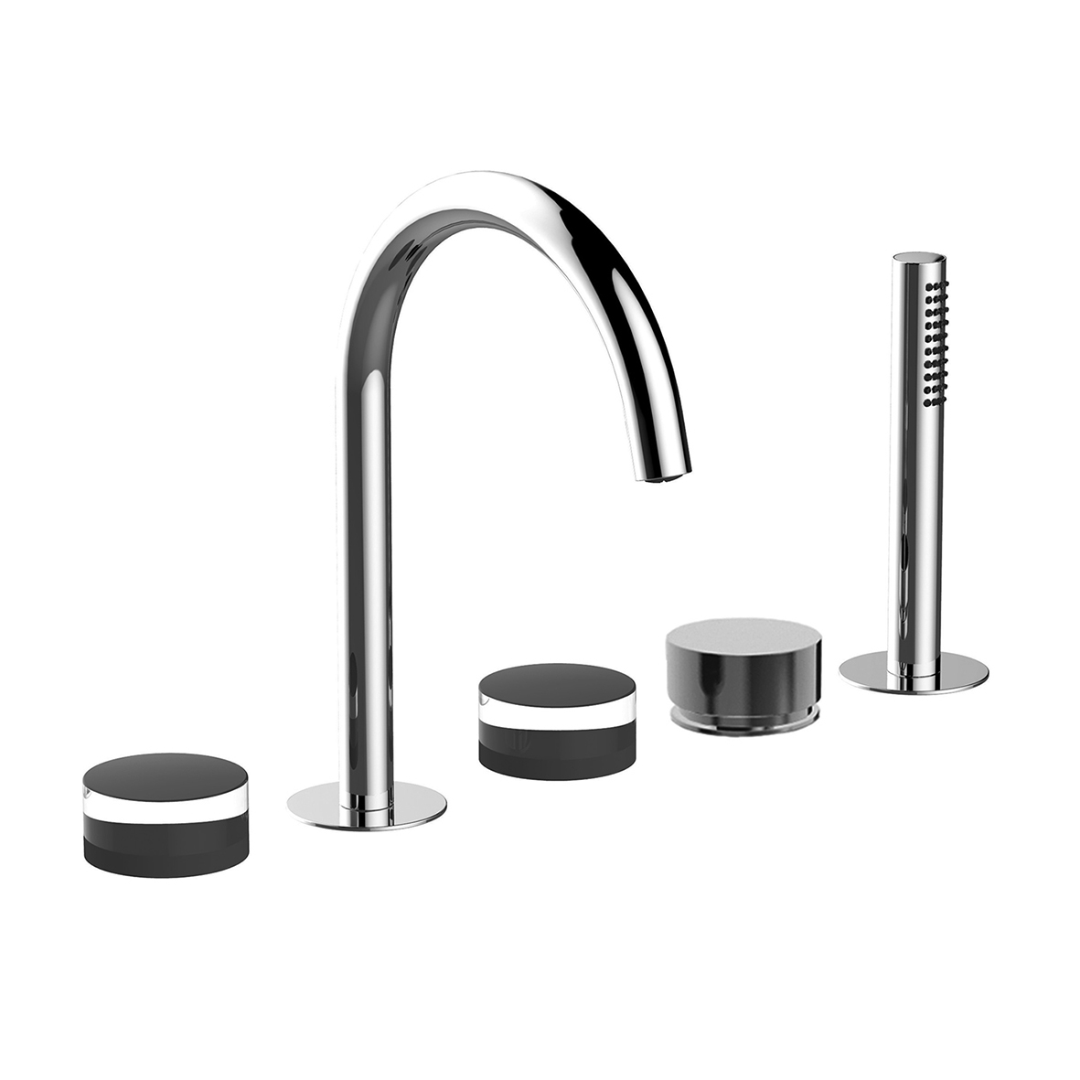 S065S  Набортный смеситель для ваннывылет 18,3 см без ручек на 5 отверстий переключатель на 2 потока с поворотной кнопкой ручная лейка FIT гибкий шланг 150 см картридж керамический 90° впуски 1/2'' подводка ручки заказываются отдельно, см. раздел ''Ручки' Fantini Rubinetti Nice