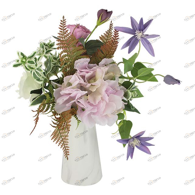 Цветы искусственные в керамической вазе 25 см "Клематисы сиреневые и гортензии" DREAM GARDEN  00-3946462 Белый;зеленый;фиолетовый 