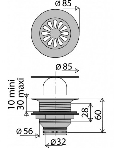 311200 000 00  Душевой трап для поддона с отверстием Д. 60 мм, дизайнерская решетка, выход вертикальный Д. 35 мм, винт, латунь Valentin Хром  - Вид №2
