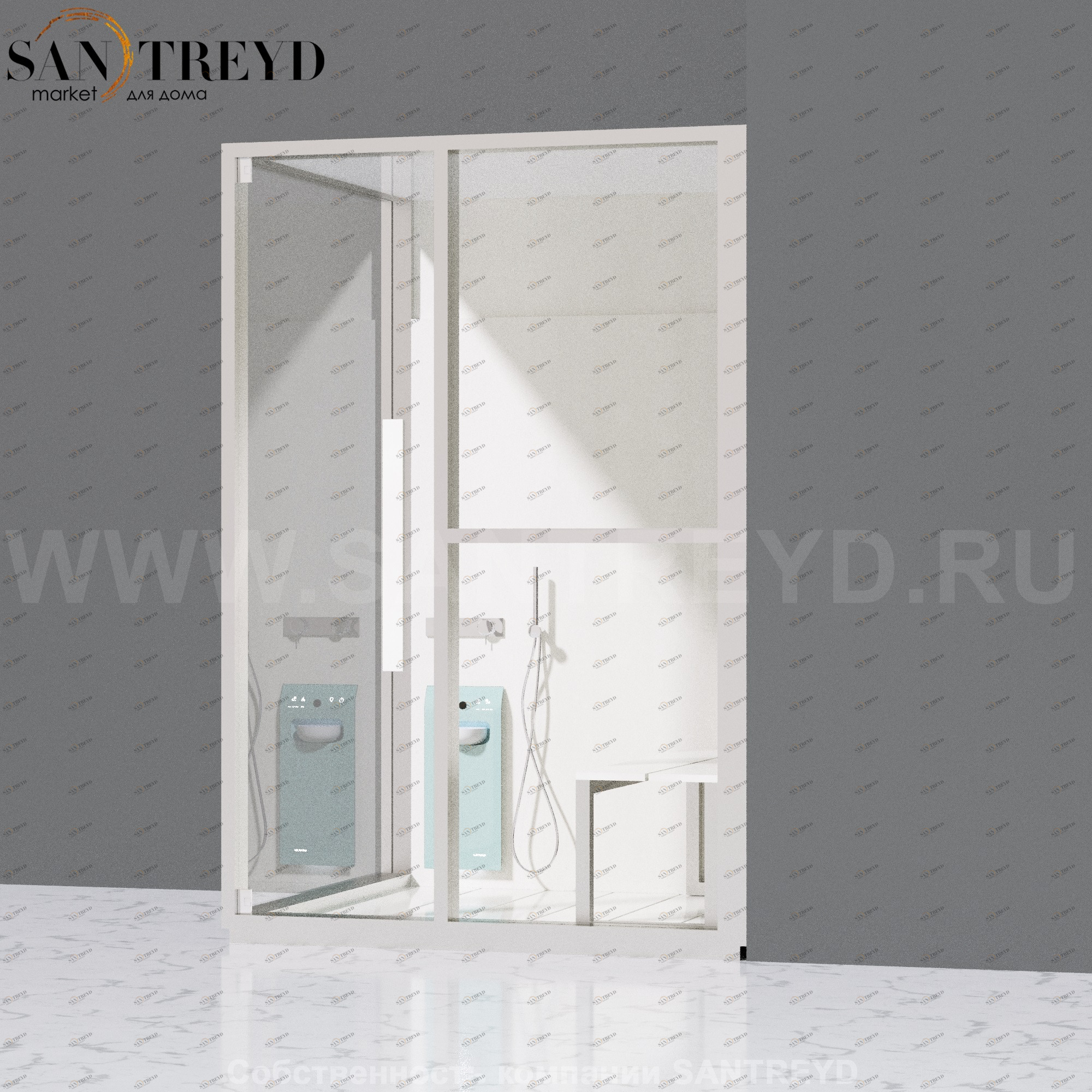 Effegibi H MEDIUM LO81020005 Комбинированная баня: хаммам и душ. Установка: в правый угол. Правая дверь. Мощность: 3 кВт макс. Размеры: длина 152 см, ширина 102 см. Отделка: матовый лакированный белый аллюминий и серый ламинат из керамогранита.