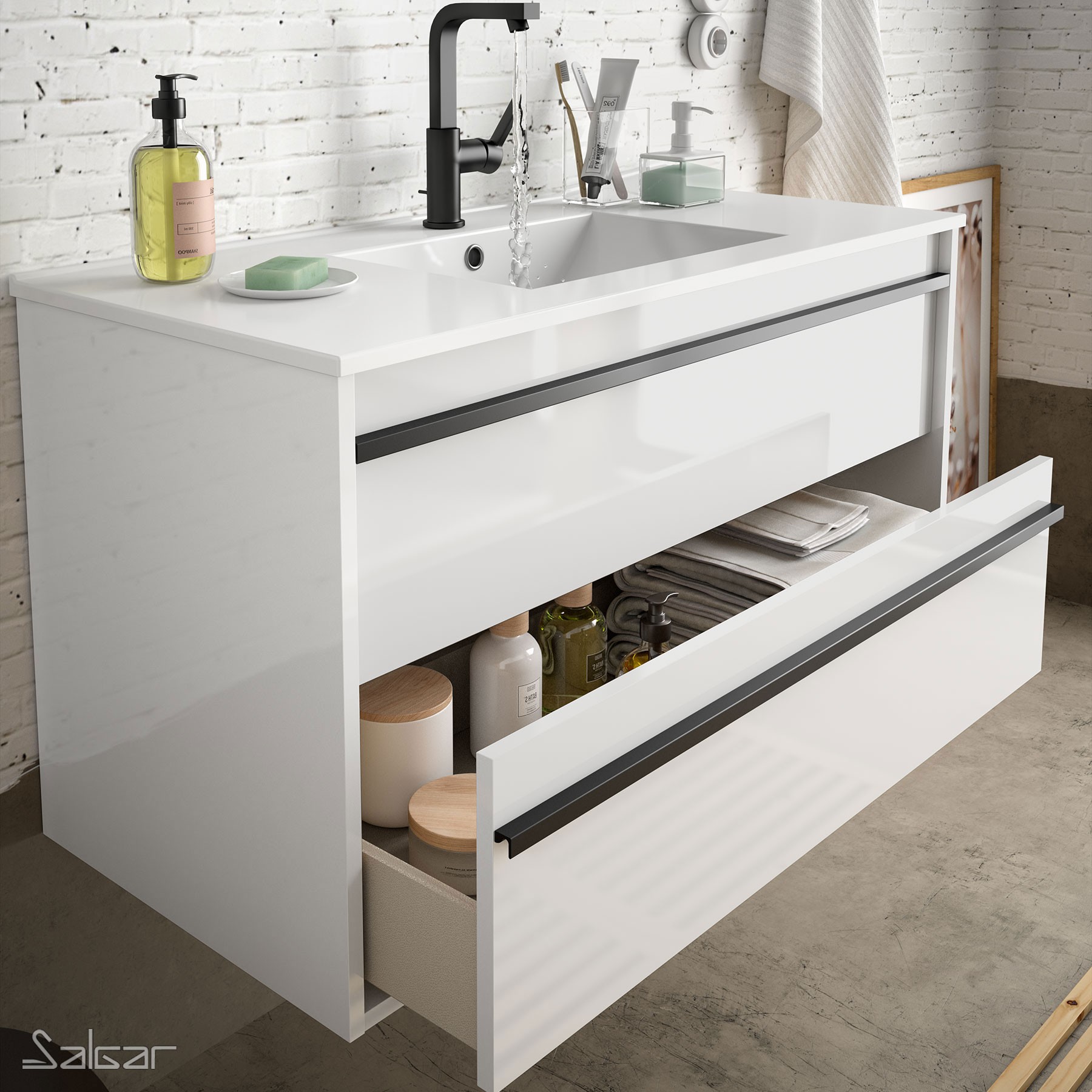 84942 SALGAR Комплект мебели для ванной ATTILA 800 WHITE GLOSS LACQUERED + Раковина + Зеркало + Свет Глянцевый белый - Вид №2