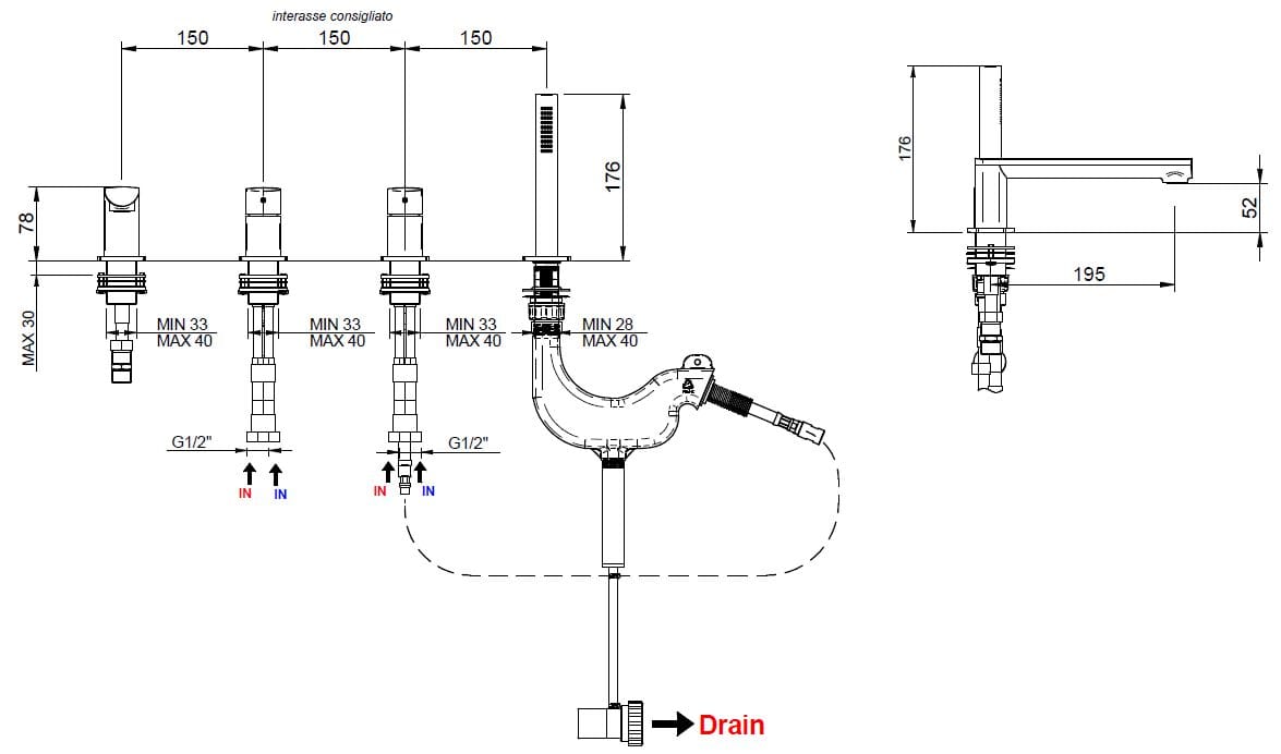 Смеситель для ванны с 4 отверстиями из латуни с ручным душем Rubinetterie Treemme Albatros ARCH-00140688 - Вид №2