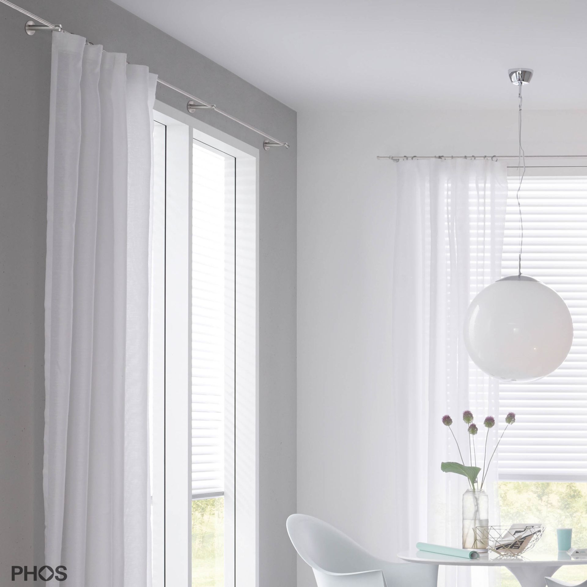 VS20-100E3800 Комплект карнизов: 380 см с 2 концевыми кронштейнами и 1 кронштейном в качестве центральной опоры (среднее расстояние от стены) PHOS  - Вид №4