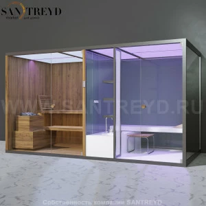 Effegibi BODYLOVE SH BL40230007 Фронтальная комбинированная баня: хаммам и сауна. Установка: к стене. Мощность: 15 кВт макс. Размеры: длина 393 см, ширина 176 см. Отделка: термообработанная древесина, гладкое стекло и зеркало.