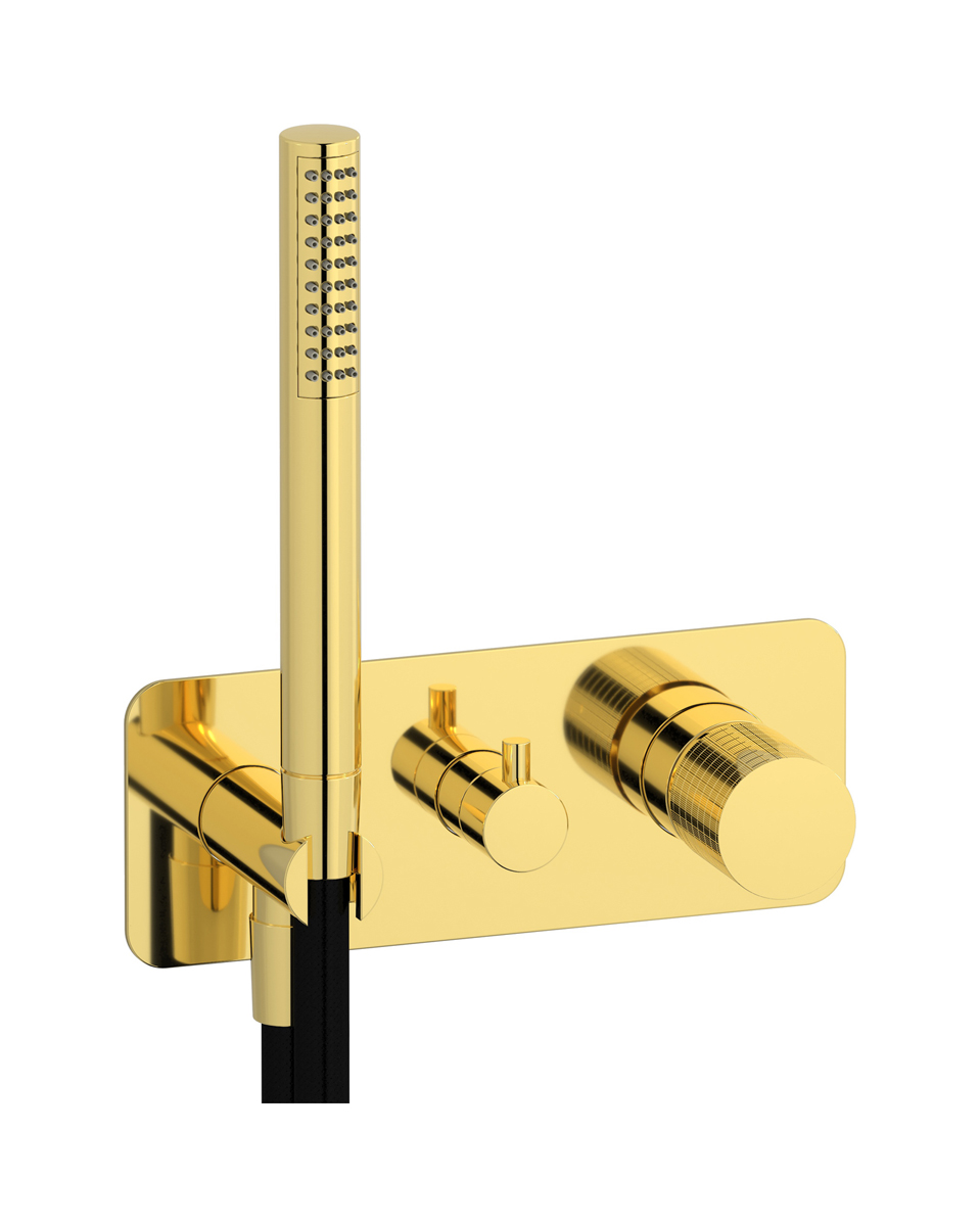 Внешние части встроенного в стену смесителя на 2 потребителя в комплекте с душевым гарнитуром. WE ARE IB ga313oo Gold Gatsby