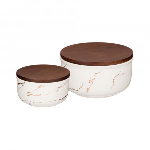 412-195 Посуда фарфоровая Набор салатников из 2-х штук с бамбуковой крышкой коллекция золотой мрамор Lefard
