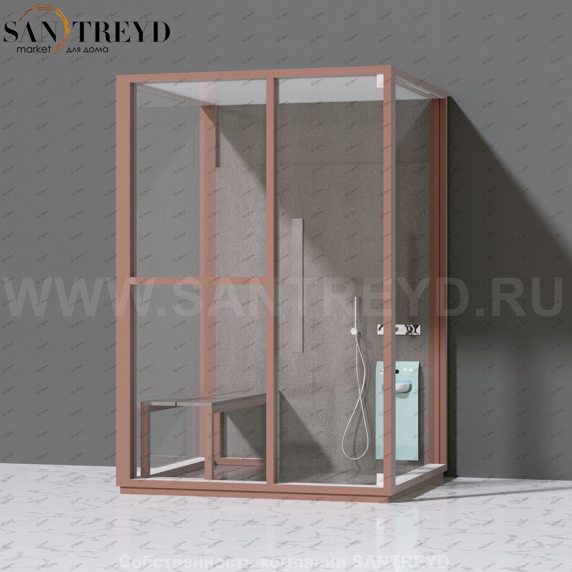 Effegibi H MEDIUM LO81030002 Комбинированная баня: хаммам и душ. Установка: к стене. Левая дверь. Мощность: 3 кВт макс. Размеры: длина 152 см, ширина 102 см. Отделка: матовый лакированный коричневый аллюминий и темный ламинат из керамогранита.