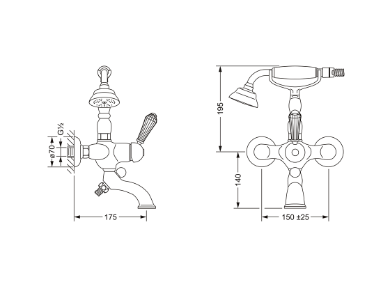 Смеситель однорычажный для ванны ½“ с душевым гарнитуром, настенный монтаж JOERGER Delphi Deco 129.20.500.000-AA - Вид №1
