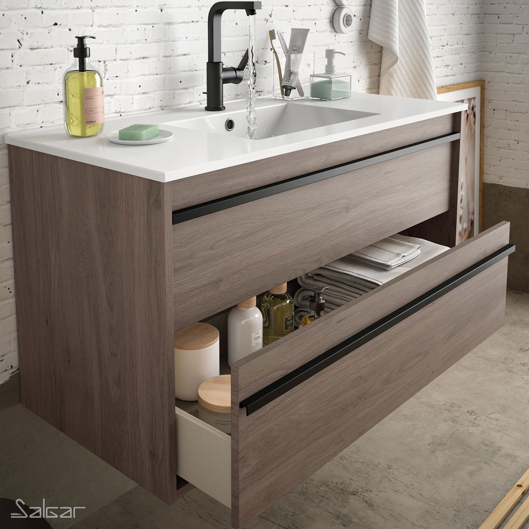 84952 SALGAR Комплект мебели для ванной ATTILA 1000 ETERNITY OAK + Раковина + Зеркало + Свет Робл Вечность - Вид №1