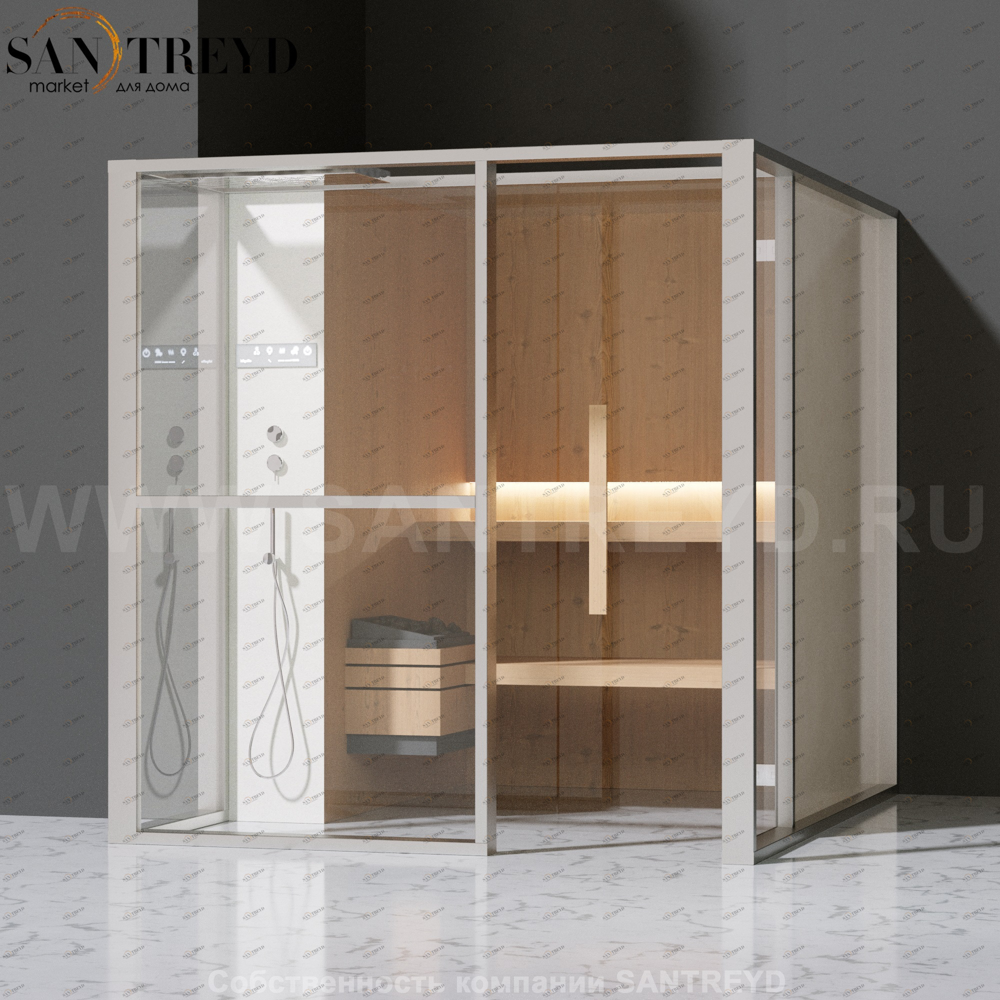 Effegibi LOGICAFILO S LO21020014 Сауна. Установка: в левый  полуугол. Левая дверь. Мощность: 6 кВт макс. Размеры: длина 214 см, ширина 250 см. Отделка: канадский хемлок, матовый лакированный белый аллюминий и серый ламинат из керамогранита.