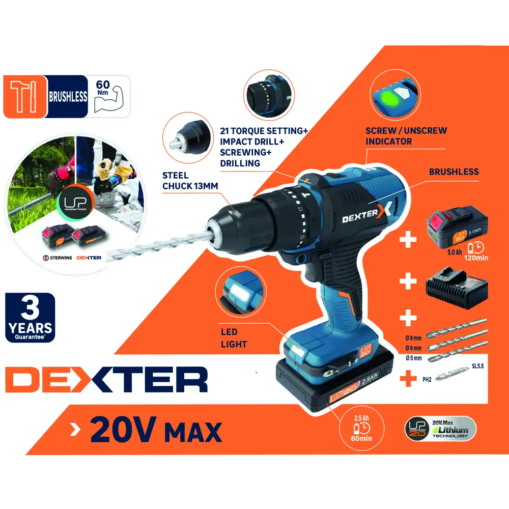 Бесщеточная беспроводная ударная дрель Dexter 5 20 В Li-ion, 1x2.5 Ач, 5 Ач 89184088 STLM-2095228  - Вид №3