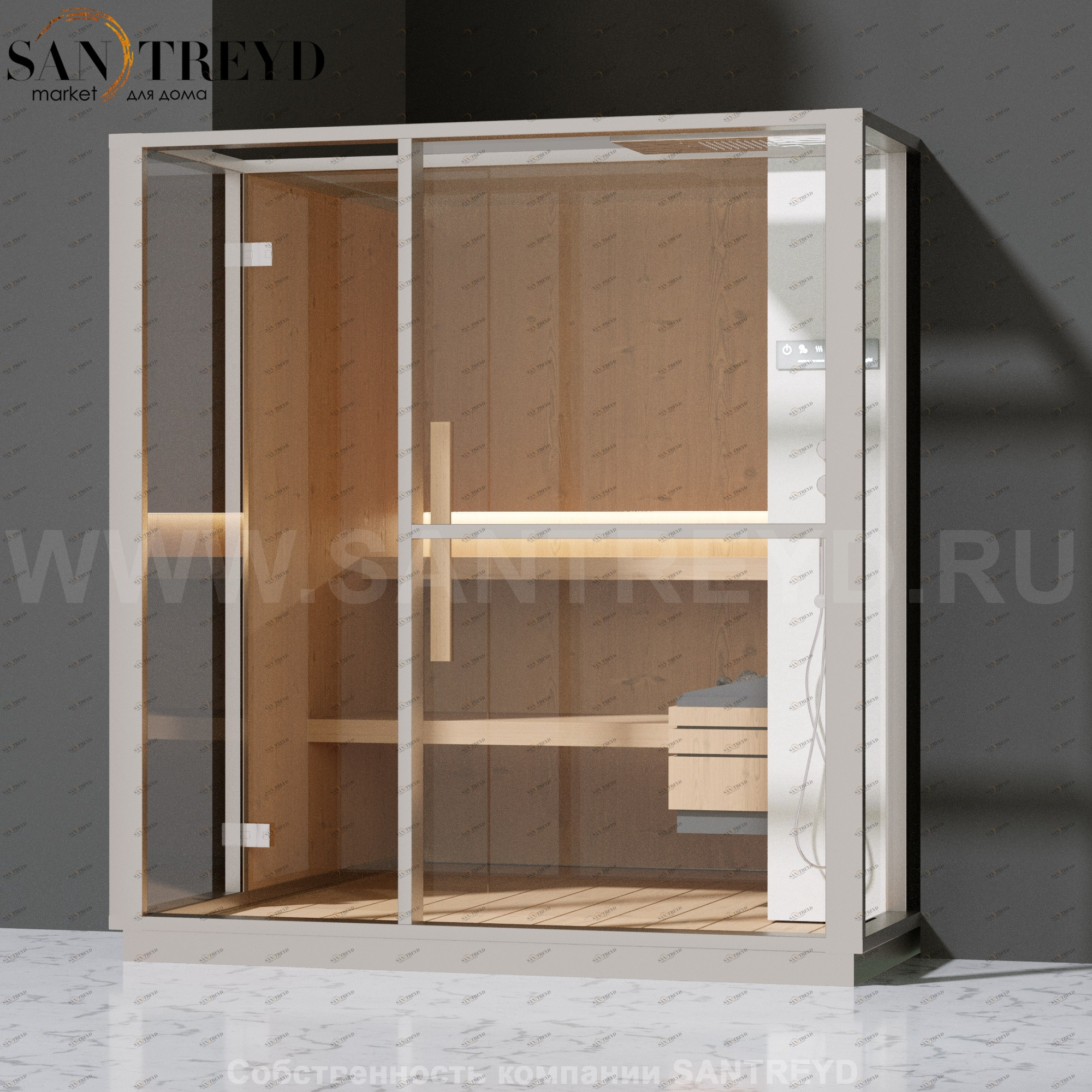 Effegibi LOGICA S LO20020011 Сауна. Установка: в полунишу. Правая дверь. Мощность: 6 кВт макс. Размеры: длина 214 см, ширина 250 см. Отделка: канадский хемлок, матовый лакированный белый аллюминий и серый ламинат из керамогранита.