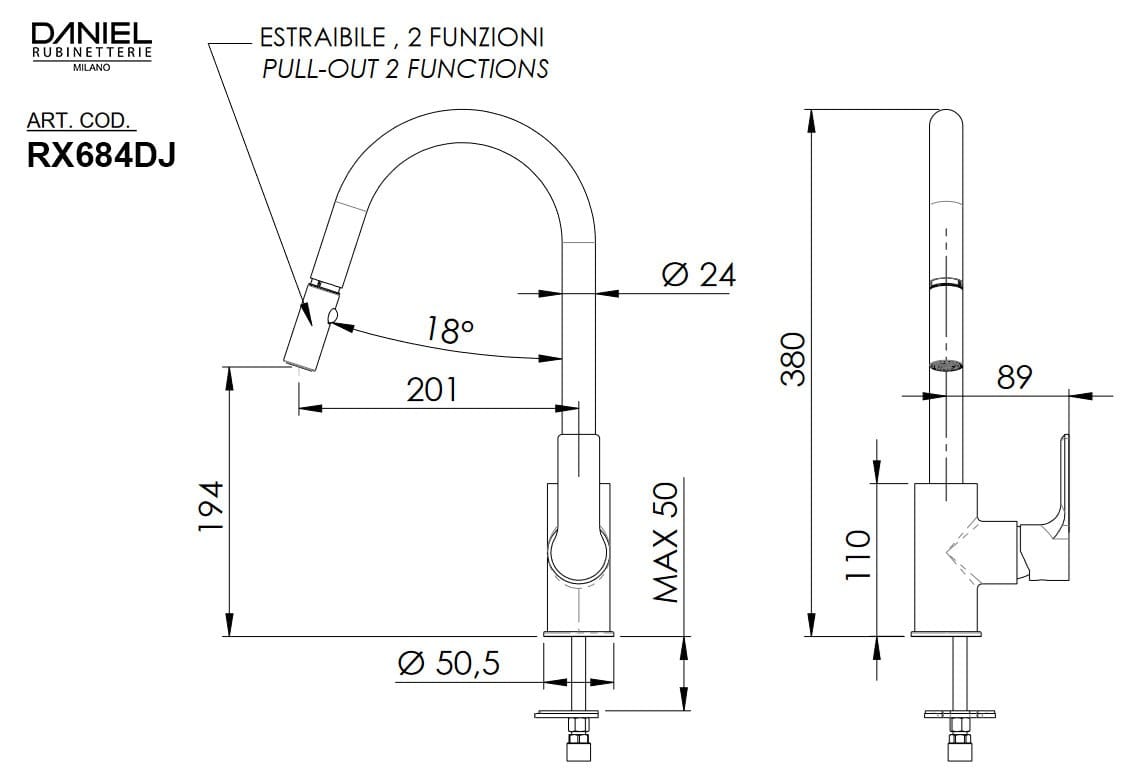 Однорычажный смеситель для кухни с поворотным изливом Daniel Rubinetterie дизайн ARCH-00151877 - Вид №1