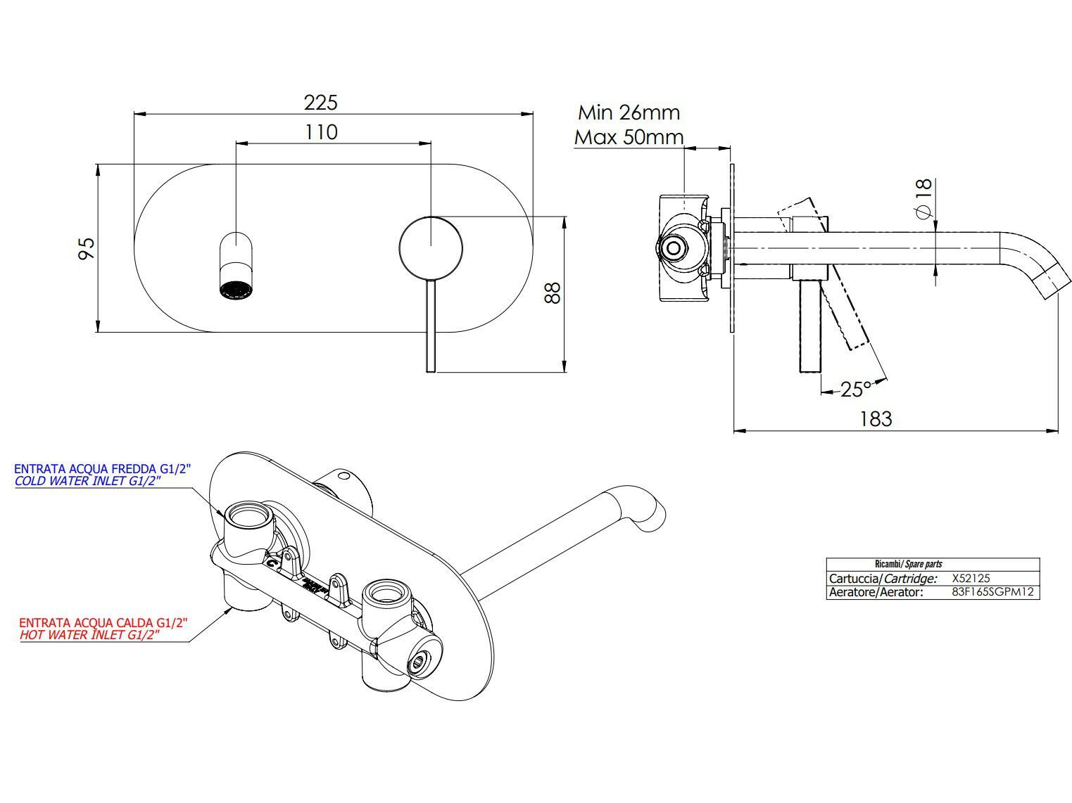 Однорычажный настенный смеситель для раковины с пластиной Remer Rubinetterie метрическая ARCH-00135866 - Вид №2
