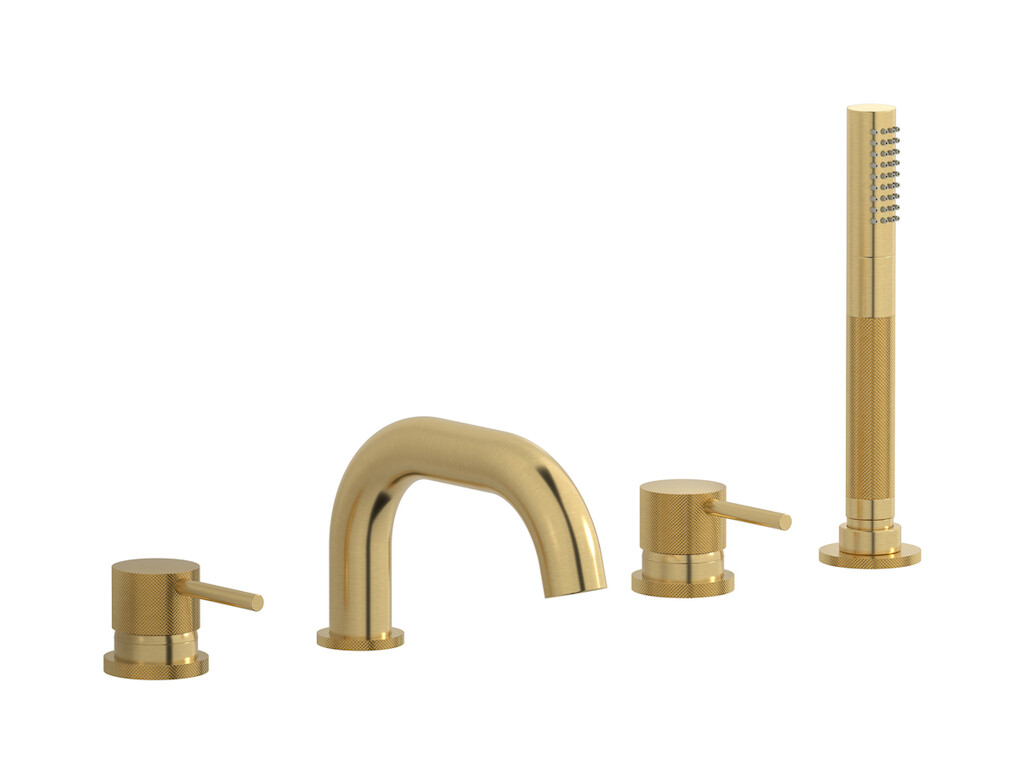 Смеситель на бортик ванной на 5 отверстий с дивертером и душевым гарнитуром. WE ARE IB id396os Brushed Gold Industria