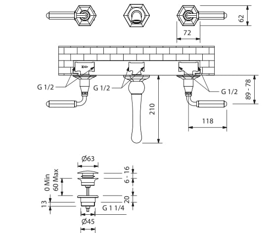 Настенный смеситель для раковины с 3 отверстиями Park Avenue Dark Black ARCH-00139255 - Вид №2
