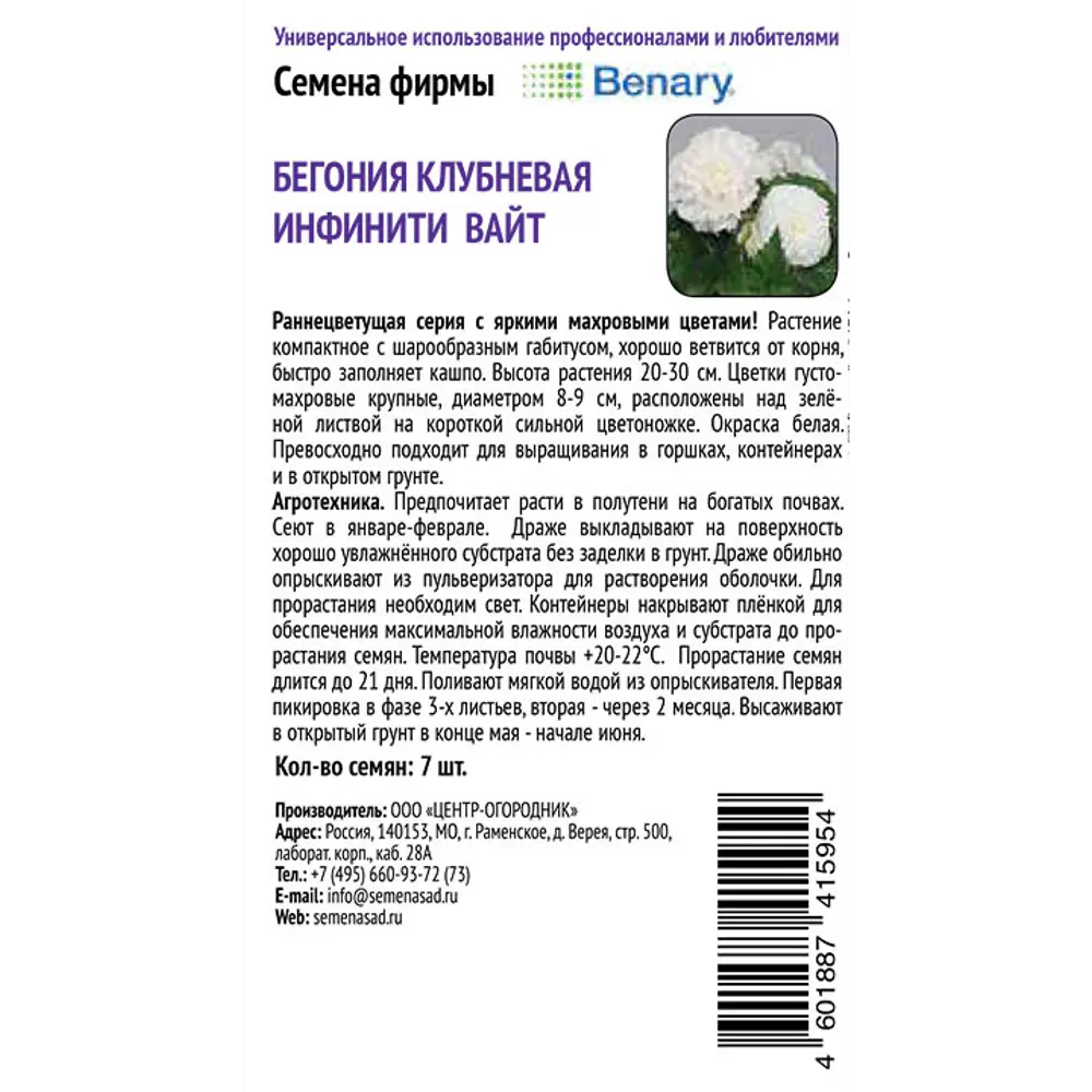 Бегония клубневая ПОИСК Инфинити Вайт - махровая красота для сада и балкона 89401287 STLM-1572446 - Вид №1