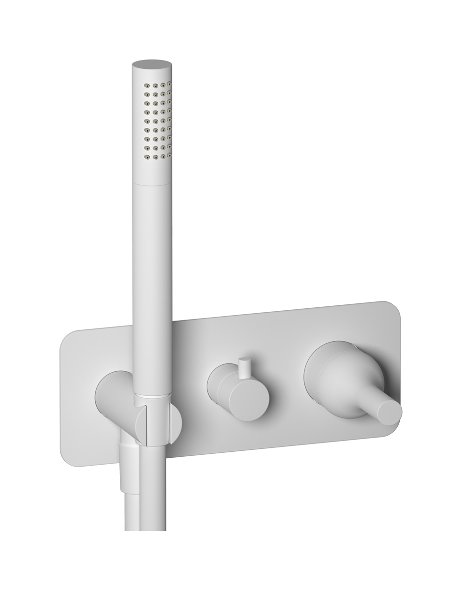 Внешние части встроенного в стену смесителя на 2 потребителя в комплекте с душевым гарнитуром. WE ARE IB bi313bo Matt White Batlo