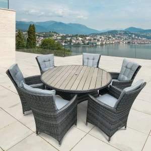 Мебель садовая из ротанга серая, круглый стол и стулья на 6 персон Zino AFINA  130495 Серый