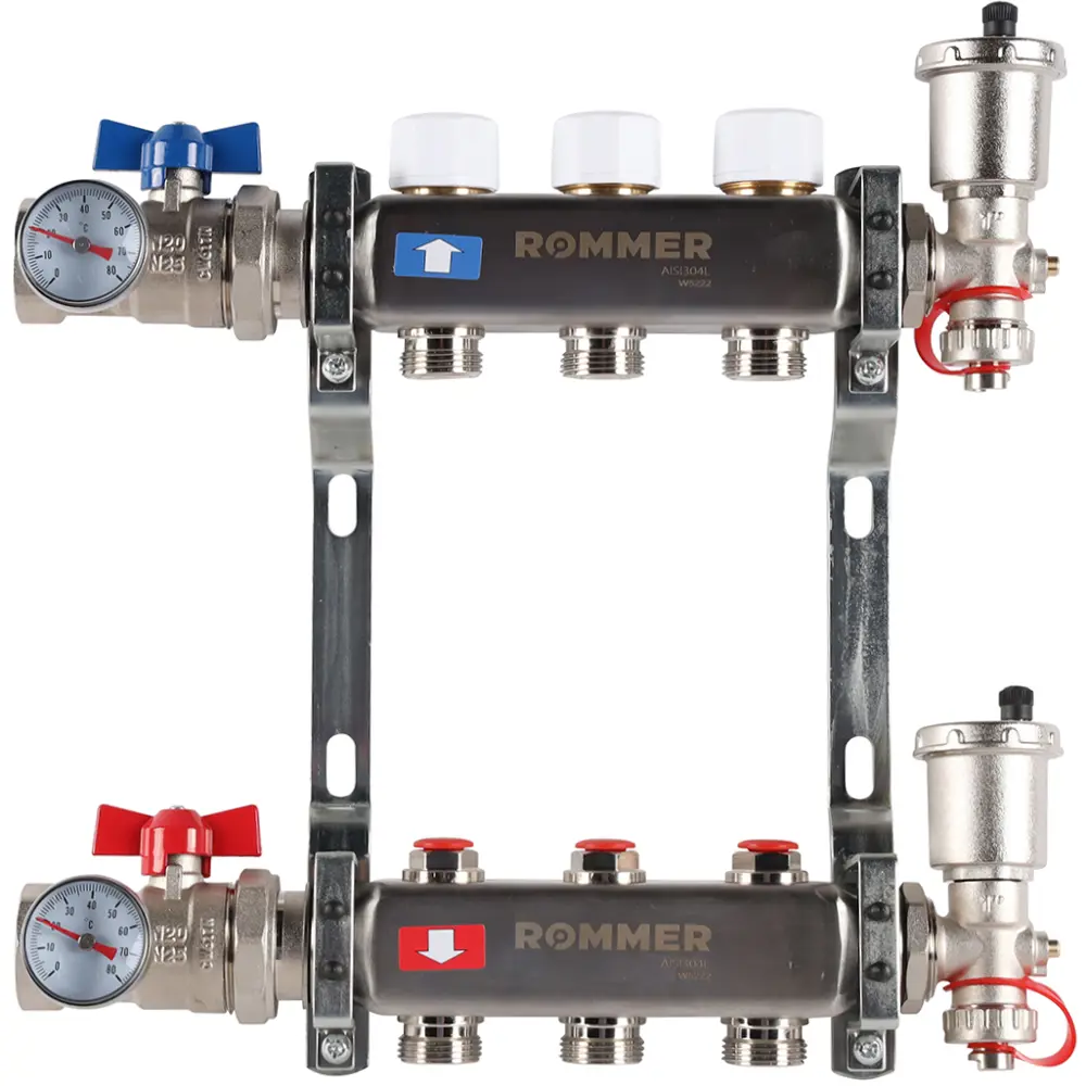Коллектор в сборе для радиаторного отопления Rommer 1"x3/4" 3 выхода нержавеющая сталь RMS-3210-000003 STLM-2138152