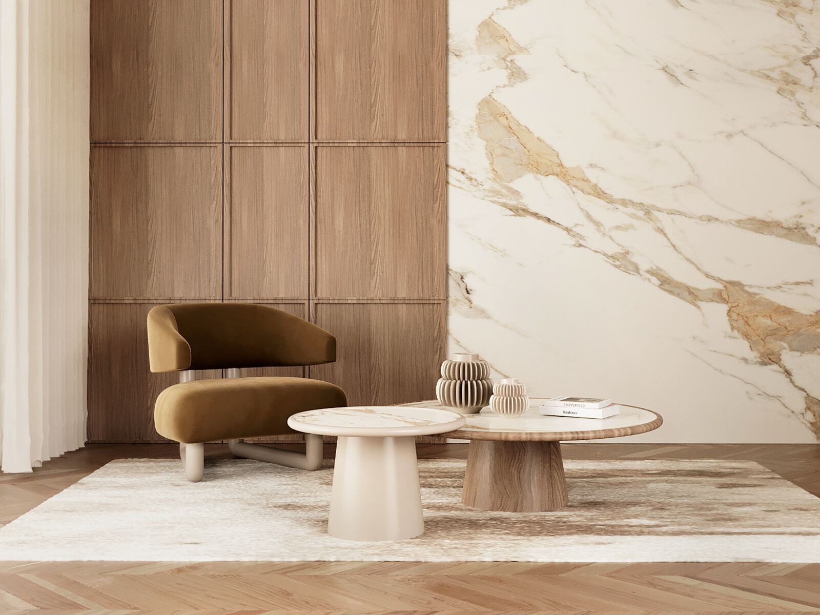 Круглый деревянный и мраморный журнальный столик ANA ROQUE INTERIORS ARCH-00086880 - Вид №1