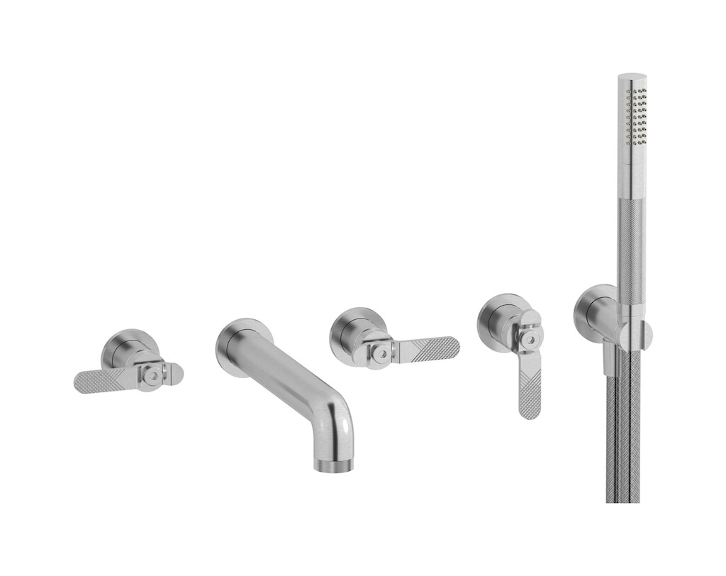 Настенный смеситель для ванной на 5 отверстий с дивертером и душевым гарнитуром. WE ARE IB b2398ss Brushed Nickel Bold