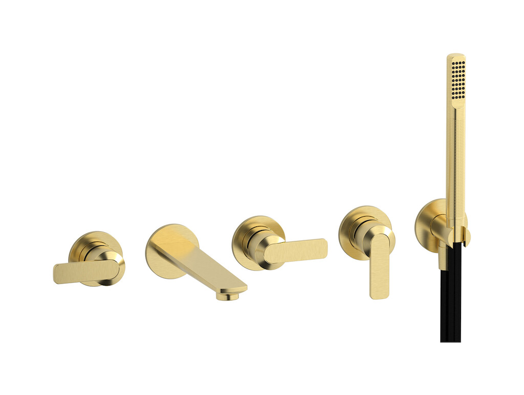 Настенный смеситель для ванной на 5 отверстий с дивертером и душевым гарнитуром. WE ARE IB c6398is Brushed Pale Gold C-67