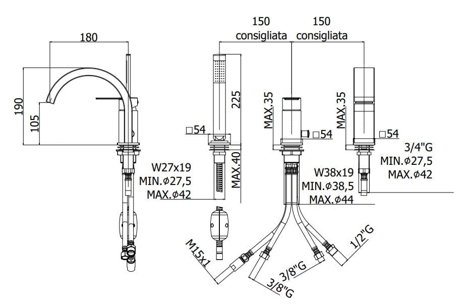 Смеситель для ванны с 3 отверстиями и ручным душем RUBINETTERIA PAFFONI Tango ARCH-00066081 - Вид №2