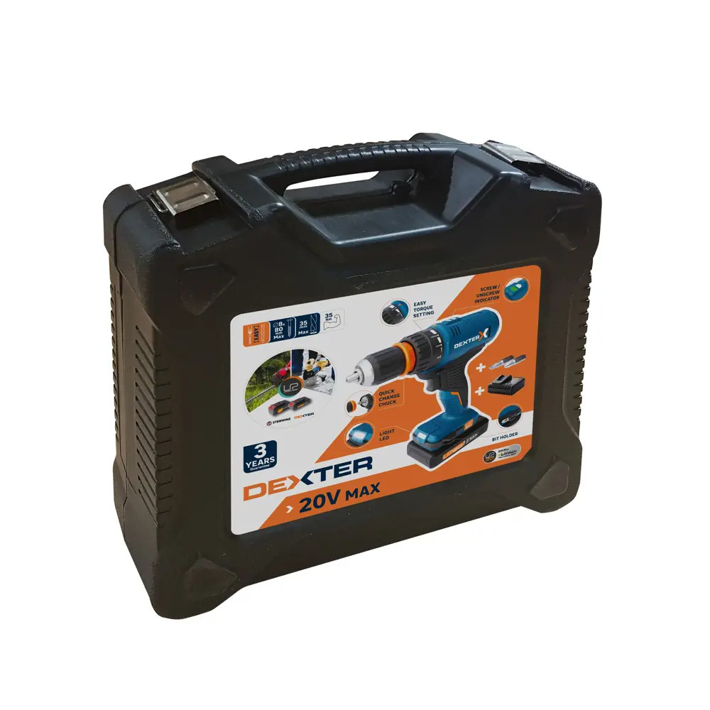 Дрель аккумуляторная Dexter 20VSD2-35RCA.1A, 20 В Li-ion 2.5 Ач 82253643 STLM-2114127  - Вид №7