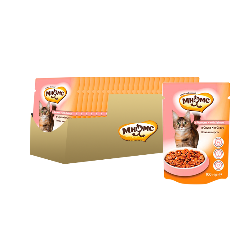 ПР0038790*24 Корм для кошек Кожа и шерсть, лосось в соусе конс. пауч 100г (упаковка - 24 шт) МНЯМС 